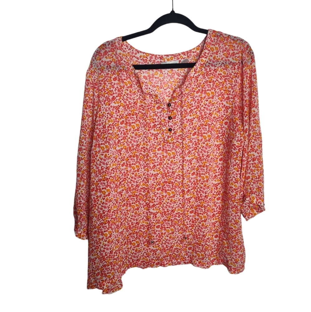 Avenue Floral Button-Front Blouse - Pink and Orange